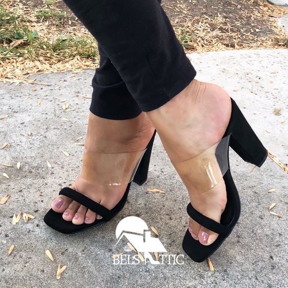 Black Vegan suede Clear PVC Strap Chunky Heels - Picture 4 of 6